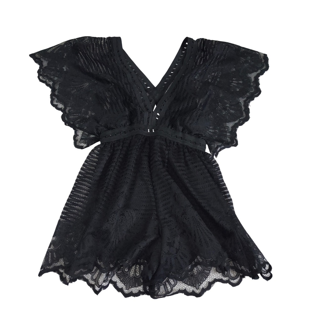 Genuine People Black Lace Romper V-Neck Butterfly Sleeve Scalloped Hem Size M